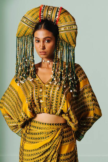 Shop_Prahnaaya_Yellow Satin Sequins, Zari V-neck Hand Block Print Crop Top And Cowl Skirt Set _Online_at_Aza_Fashions