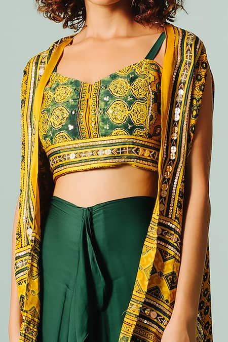 Prahnaaya_Yellow Satin Sequins, Zari, Piping Hand Block Print Cape And Draped Skirt Set _Online_at_Aza_Fashions