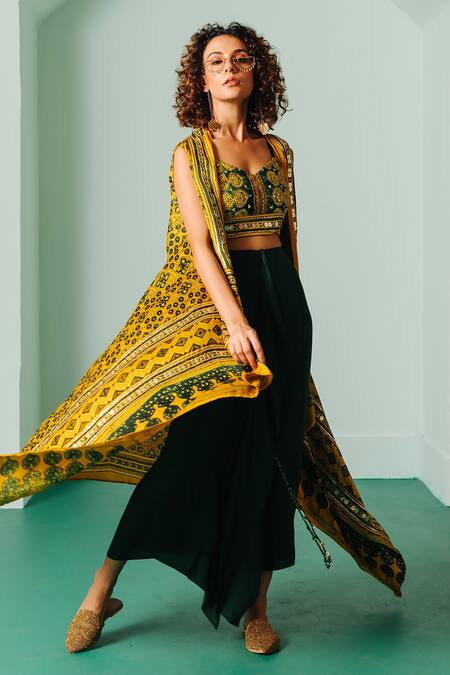 Shop_Prahnaaya_Yellow Satin Sequins, Zari, Piping Hand Block Print Cape And Draped Skirt Set _Online_at_Aza_Fashions