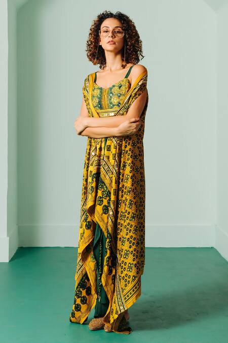 Prahnaaya_Yellow Satin Sequins, Zari, Piping Hand Block Print Cape And Draped Skirt Set _at_Aza_Fashions