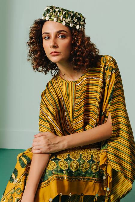 Buy Prahnaaya Yellow Satin Sequins, Zari Round Neck Hand Block Print Kaftan And Pant Set Online at Aza Fashions Buy_Prahnaaya_Yellow Satin Sequins, Zari Round Neck Hand Block Print Kaftan And Pant Set _Online_at_Aza_Fashions