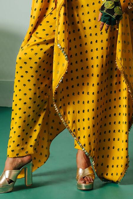 Prahnaaya Yellow Satin Sequins, Applique Boat Neck Hand Block Print Kaftan And Slim Pant Set at Aza Fashions Prahnaaya_Yellow Satin Sequins, Applique Boat Neck Hand Block Print Kaftan And Slim Pant Set _at_Aza_Fashions