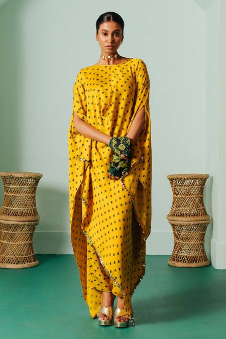 Prahnaaya Yellow Satin Sequins, Applique Boat Neck Hand Block Print Kaftan And Slim Pant Set Online at Aza Fashions Prahnaaya_Yellow Satin Sequins, Applique Boat Neck Hand Block Print Kaftan And Slim Pant Set _Online_at_Aza_Fashions