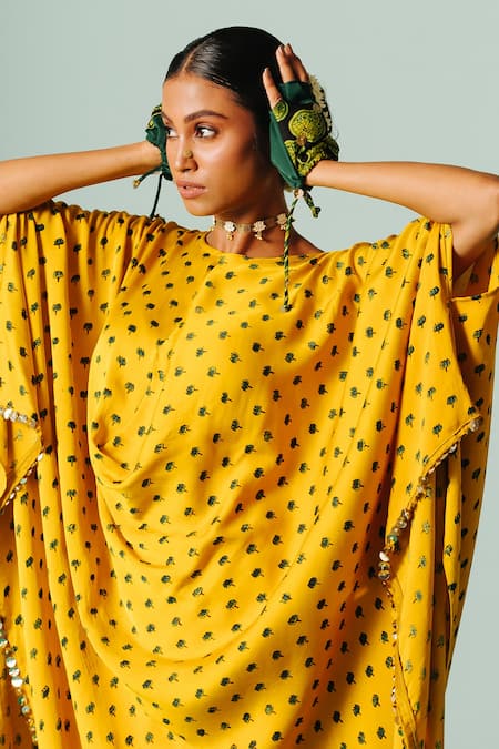 Shop Prahnaaya Yellow Satin Sequins, Applique Boat Neck Hand Block Print Kaftan And Slim Pant Set Online at Aza Fashions Shop_Prahnaaya_Yellow Satin Sequins, Applique Boat Neck Hand Block Print Kaftan And Slim Pant Set _Online_at_Aza_Fashions