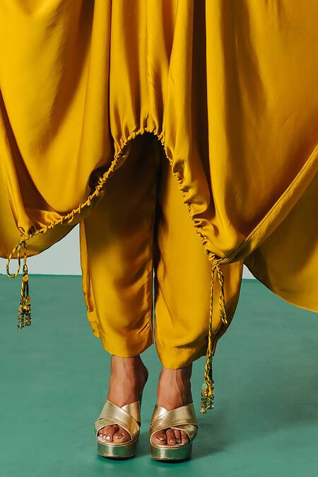 Shop_Prahnaaya_Yellow Satin Sequins, Zari V-neck Yoke Embroidered Cowl Kaftan And Pant Set _Online_at_Aza_Fashions