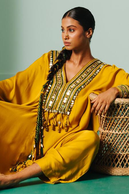 Prahnaaya_Yellow Satin Sequins, Zari V-neck Yoke Embroidered Cowl Kaftan And Pant Set _Online_at_Aza_Fashions