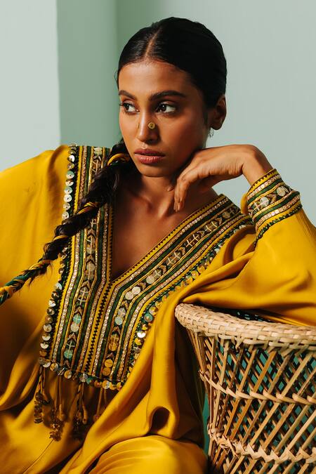 Buy_Prahnaaya_Yellow Satin Sequins, Zari V-neck Yoke Embroidered Cowl Kaftan And Pant Set _Online_at_Aza_Fashions
