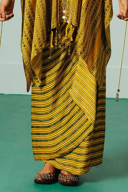 Prahnaaya Yellow Satin Embroidery, Hand Block Print Asymmetrical Kaftan And Skirt Set at Aza Fashions Prahnaaya_Yellow Satin Embroidery, Hand Block Print Asymmetrical Kaftan And Skirt Set _at_Aza_Fashions