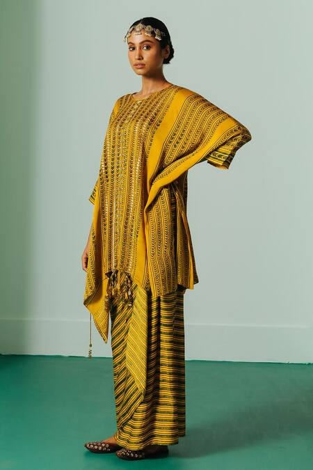 Prahnaaya Yellow Satin Embroidery, Hand Block Print Asymmetrical Kaftan And Skirt Set Online at Aza Fashions Prahnaaya_Yellow Satin Embroidery, Hand Block Print Asymmetrical Kaftan And Skirt Set _Online_at_Aza_Fashions