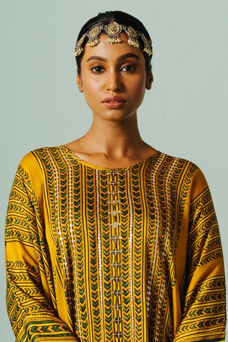 Buy Prahnaaya Yellow Satin Embroidery, Hand Block Print Asymmetrical Kaftan And Skirt Set Online at Aza Fashions Buy_Prahnaaya_Yellow Satin Embroidery, Hand Block Print Asymmetrical Kaftan And Skirt Set _Online_at_Aza_Fashions