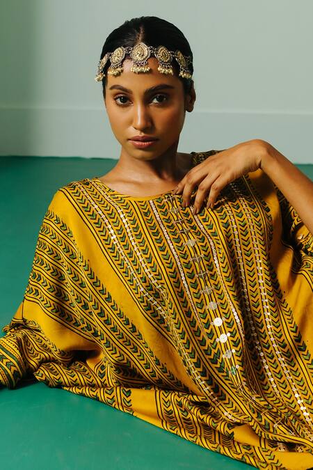 Shop Prahnaaya Yellow Satin Embroidery, Hand Block Print Asymmetrical Kaftan And Skirt Set Online at Aza Fashions Shop_Prahnaaya_Yellow Satin Embroidery, Hand Block Print Asymmetrical Kaftan And Skirt Set _Online_at_Aza_Fashions