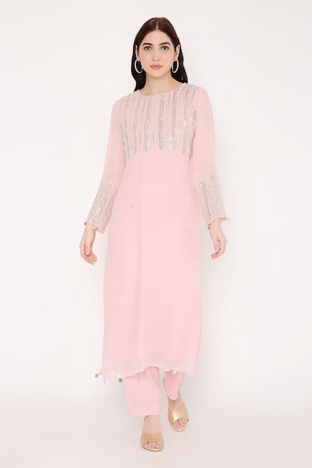 Bha Sha_Pink Georgette, Net Sequins, Beads, Metallic Meenakshi Chevron Pattern Kurta Set _Online_at_Aza_Fashions