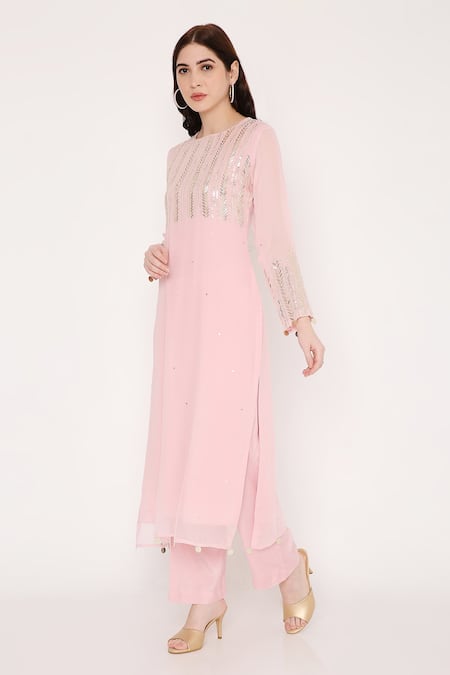 Buy_Bha Sha_Pink Georgette, Net Sequins, Beads, Metallic Meenakshi Chevron Pattern Kurta Set _Online_at_Aza_Fashions