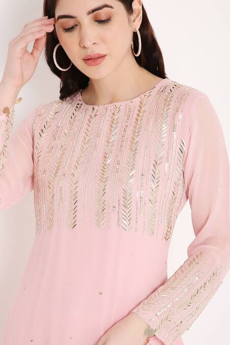 Shop_Bha Sha_Pink Georgette, Net Sequins, Beads, Metallic Meenakshi Chevron Pattern Kurta Set _Online_at_Aza_Fashions