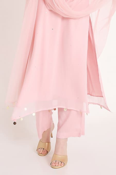 Bha Sha_Pink Georgette, Net Sequins, Beads, Metallic Meenakshi Chevron Pattern Kurta Set _at_Aza_Fashions