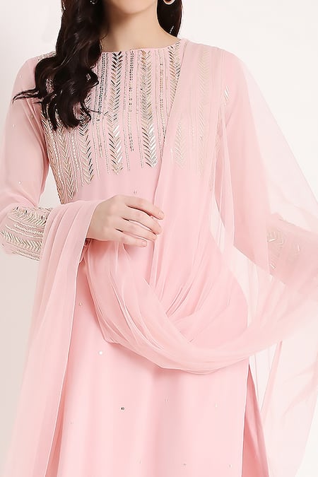 Buy_Bha Sha_Pink Georgette, Net Sequins, Beads, Metallic Meenakshi Chevron Pattern Kurta Set 