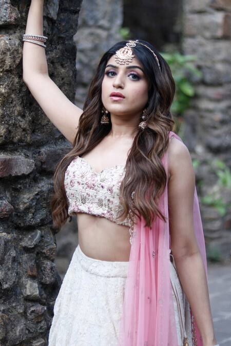 Priti Sahni_Ivory Silk, Georgette, Tulle Pearls, Sequins Sweetheart Embroidered Lehenga Set _Online_at_Aza_Fashions