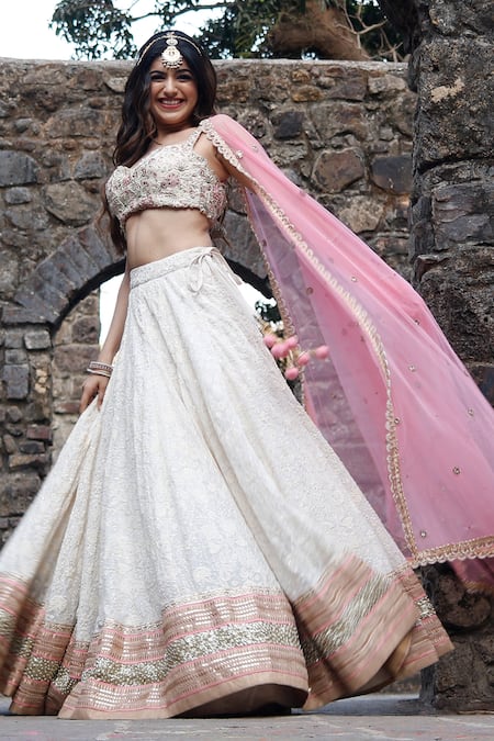 Shop_Priti Sahni_Ivory Silk, Georgette, Tulle Pearls, Sequins Sweetheart Embroidered Lehenga Set _Online_at_Aza_Fashions
