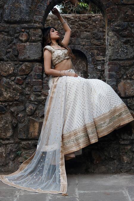 Shop_Priti Sahni_Ivory Silk, Georgette, Tulle Pearls, Sequins, Zari Round Embroidered Lehenga Set _Online_at_Aza_Fashions