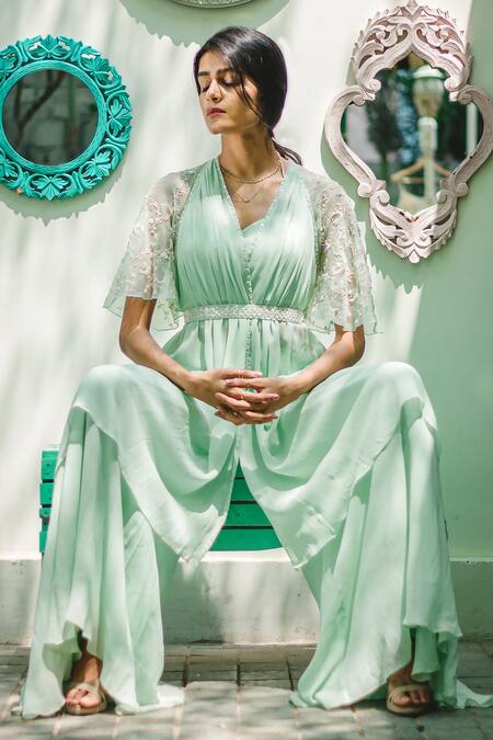 PIRI INDIA Green Georgette Beads, Sequins, Pearls Hand Embroidered Cape Palazzo Set Online at Aza Fashions PIRI INDIA_Green Georgette Beads, Sequins, Pearls Hand Embroidered Cape Palazzo Set _Online_at_Aza_Fashions
