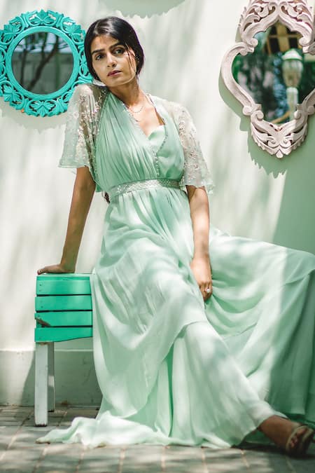 Buy PIRI INDIA Green Georgette Beads, Sequins, Pearls Hand Embroidered Cape Palazzo Set Online at Aza Fashions Buy_PIRI INDIA_Green Georgette Beads, Sequins, Pearls Hand Embroidered Cape Palazzo Set _Online_at_Aza_Fashions