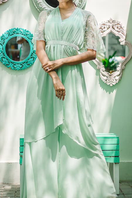 Shop PIRI INDIA Green Georgette Beads, Sequins, Pearls Hand Embroidered Cape Palazzo Set Online at Aza Fashions Shop_PIRI INDIA_Green Georgette Beads, Sequins, Pearls Hand Embroidered Cape Palazzo Set _Online_at_Aza_Fashions