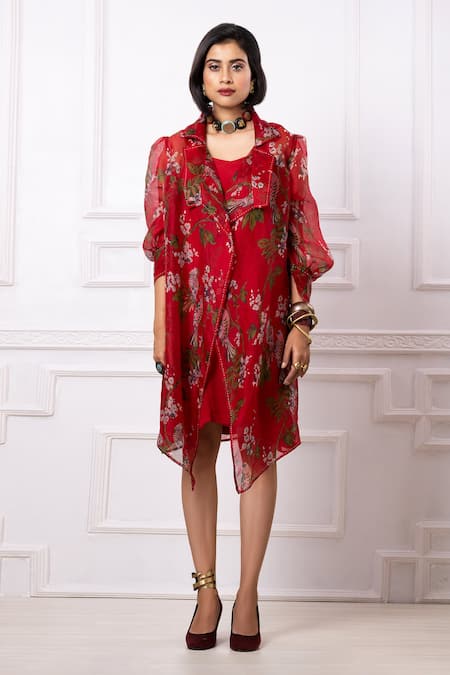 Megha Garg_Red Floral Print Jacket And Dress Set _Online_at_Aza_Fashions