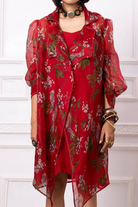 Buy_Megha Garg_Red Floral Print Jacket And Dress Set _Online_at_Aza_Fashions