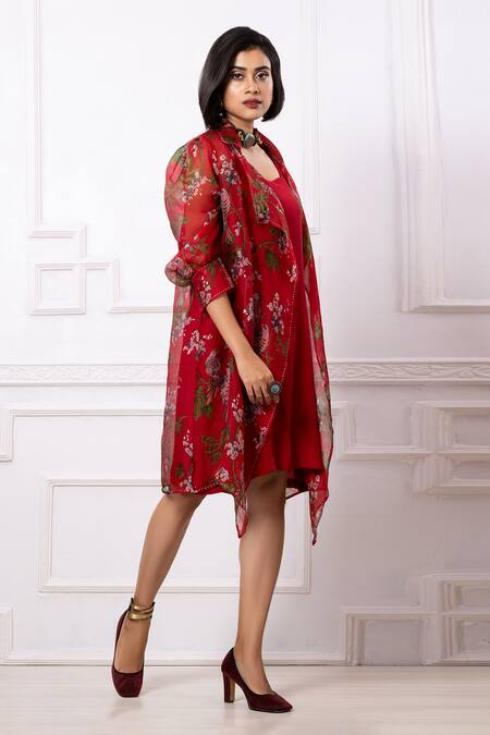 Megha Garg_Red Floral Print Jacket And Dress Set _at_Aza_Fashions
