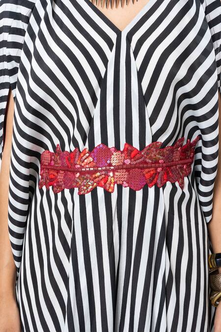 Megha Garg_Black Sequins V-neck Stripe Print Drape Kaftan Jumpsuit _Online_at_Aza_Fashions