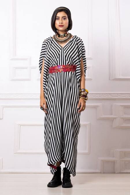 Buy_Megha Garg_Black Sequins V-neck Stripe Print Drape Kaftan Jumpsuit _Online_at_Aza_Fashions