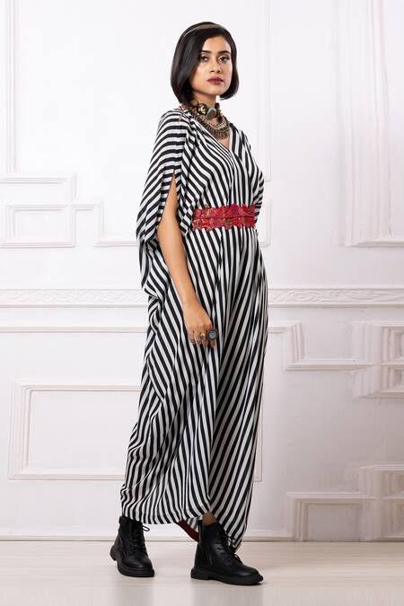 Shop_Megha Garg_Black Sequins V-neck Stripe Print Drape Kaftan Jumpsuit _Online_at_Aza_Fashions