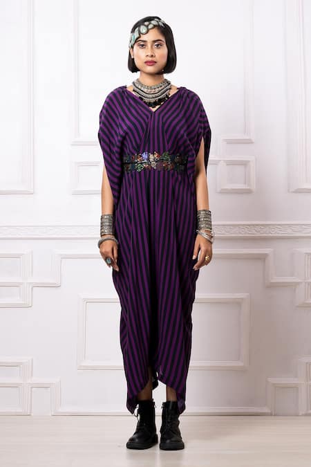 Buy_Megha Garg_Purple Crepe Sequins V-neck Printed Drape Kaftan Jumpsuit _Online_at_Aza_Fashions