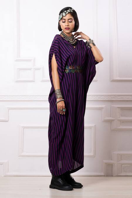 Shop_Megha Garg_Purple Crepe Sequins V-neck Printed Drape Kaftan Jumpsuit _Online_at_Aza_Fashions