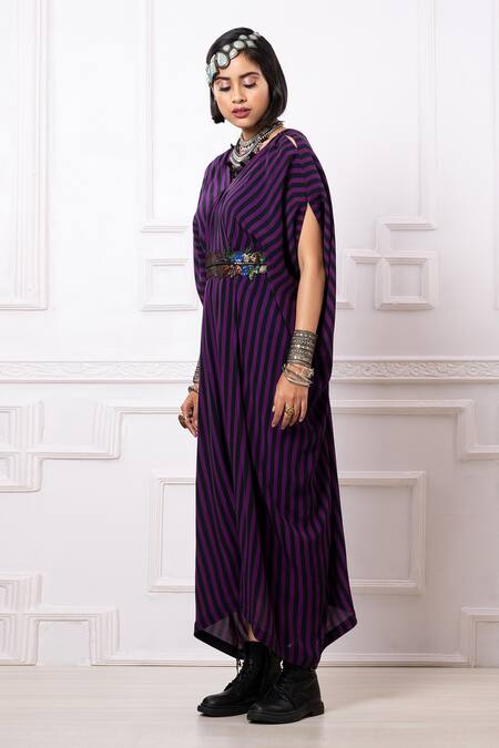 Megha Garg_Purple Crepe Sequins V-neck Printed Drape Kaftan Jumpsuit _at_Aza_Fashions