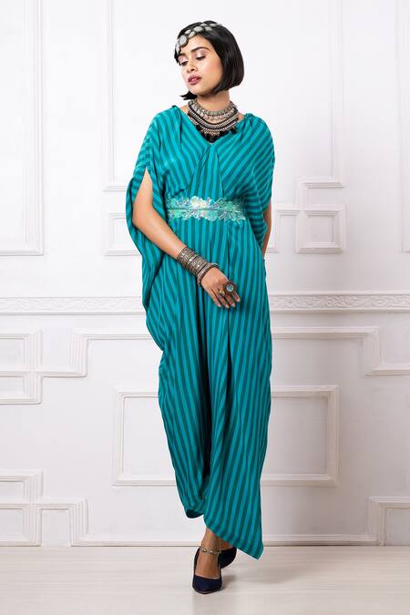 Buy_Megha Garg_Green Embroidery V-neck Printed Drape Kaftan Jumpsuit _Online_at_Aza_Fashions