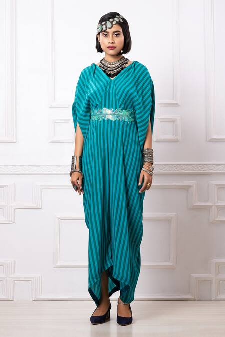 Shop_Megha Garg_Green Embroidery V-neck Printed Drape Kaftan Jumpsuit _Online_at_Aza_Fashions