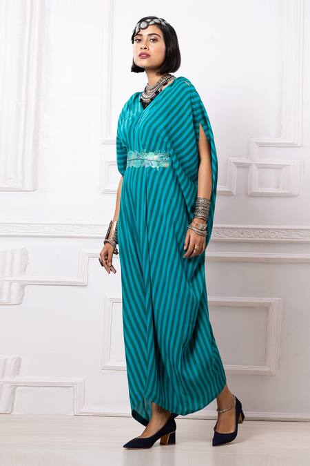 Megha Garg_Green Embroidery V-neck Printed Drape Kaftan Jumpsuit _at_Aza_Fashions