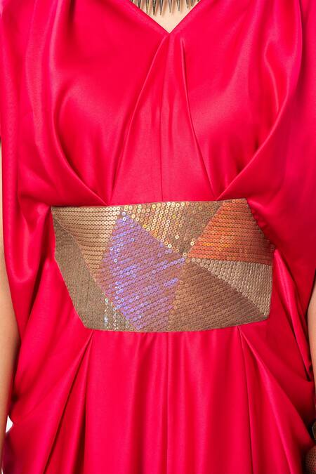 Megha Garg_Pink Satin Embroidered Sequins V Neck Draped Kaftan Jumpsuit _Online_at_Aza_Fashions