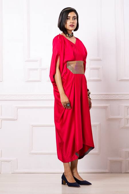 Shop_Megha Garg_Pink Satin Embroidered Sequins V Neck Draped Kaftan Jumpsuit _Online_at_Aza_Fashions