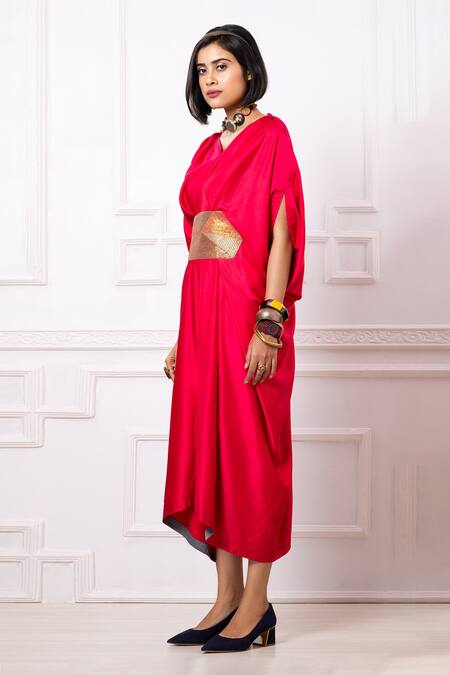 Megha Garg_Pink Satin Embroidered Sequins V Neck Draped Kaftan Jumpsuit _at_Aza_Fashions