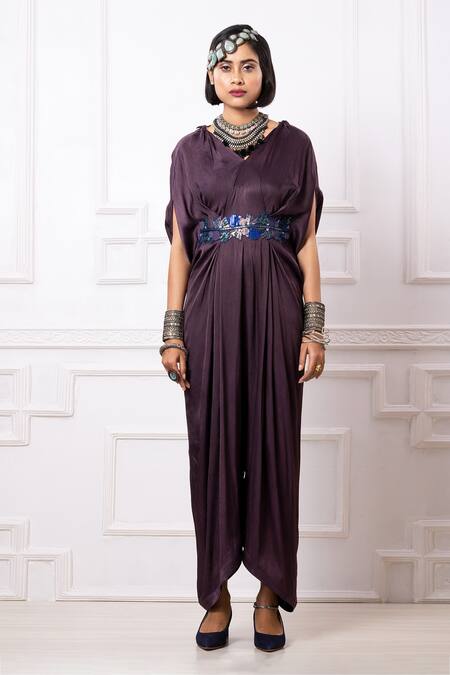 Buy_Megha Garg_Purple Art Satin Georgette Embroidered Sequins Draped Kaftan Jumpsuit _Online_at_Aza_Fashions