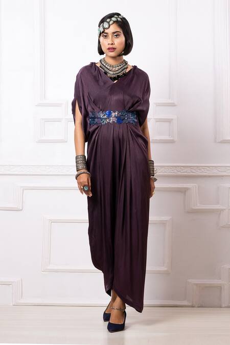 Shop_Megha Garg_Purple Art Satin Georgette Embroidered Sequins Draped Kaftan Jumpsuit _Online_at_Aza_Fashions