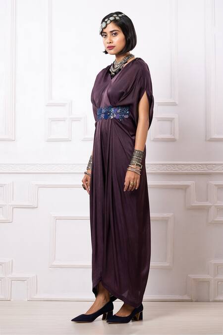 Megha Garg_Purple Art Satin Georgette Embroidered Sequins Draped Kaftan Jumpsuit _at_Aza_Fashions