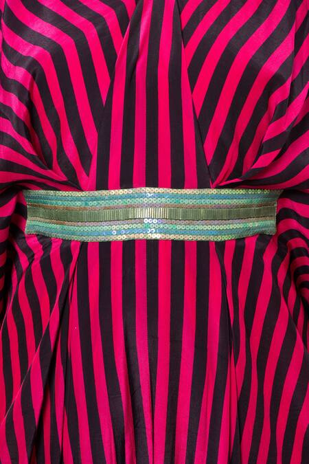 Megha Garg_Pink Sequins V-neck Stripe Print Kaftan Jumpsuit _Online_at_Aza_Fashions