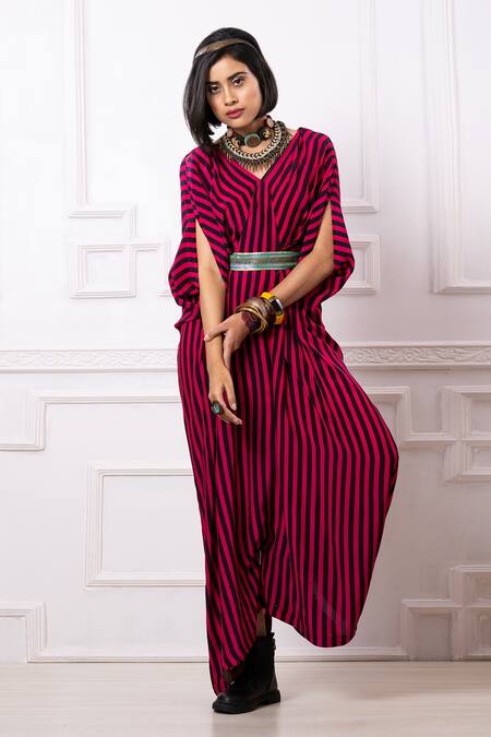 Buy_Megha Garg_Pink Sequins V-neck Stripe Print Kaftan Jumpsuit _Online_at_Aza_Fashions