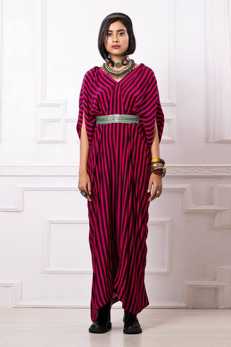 Shop_Megha Garg_Pink Sequins V-neck Stripe Print Kaftan Jumpsuit _Online_at_Aza_Fashions