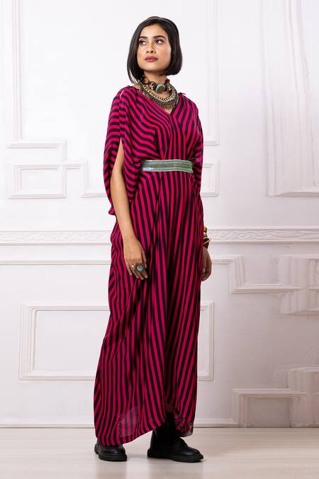 Megha Garg_Pink Sequins V-neck Stripe Print Kaftan Jumpsuit _at_Aza_Fashions