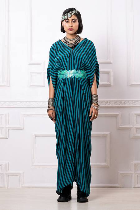Megha Garg_Blue Sequins V-neck Printed Drape Kaftan Jumpsuit _Online_at_Aza_Fashions