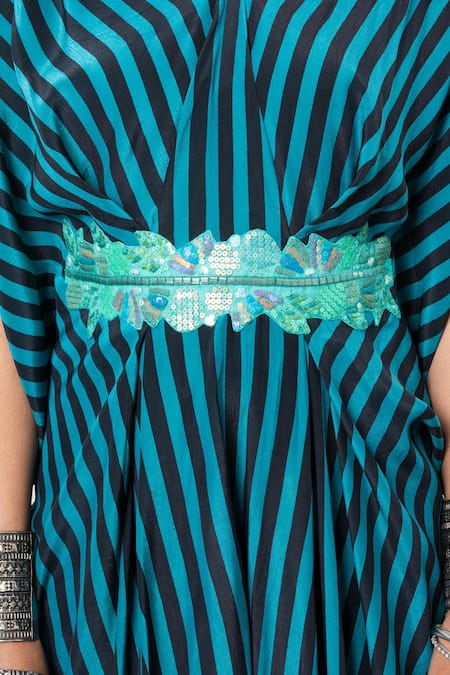 Buy_Megha Garg_Blue Sequins V-neck Printed Drape Kaftan Jumpsuit _Online_at_Aza_Fashions